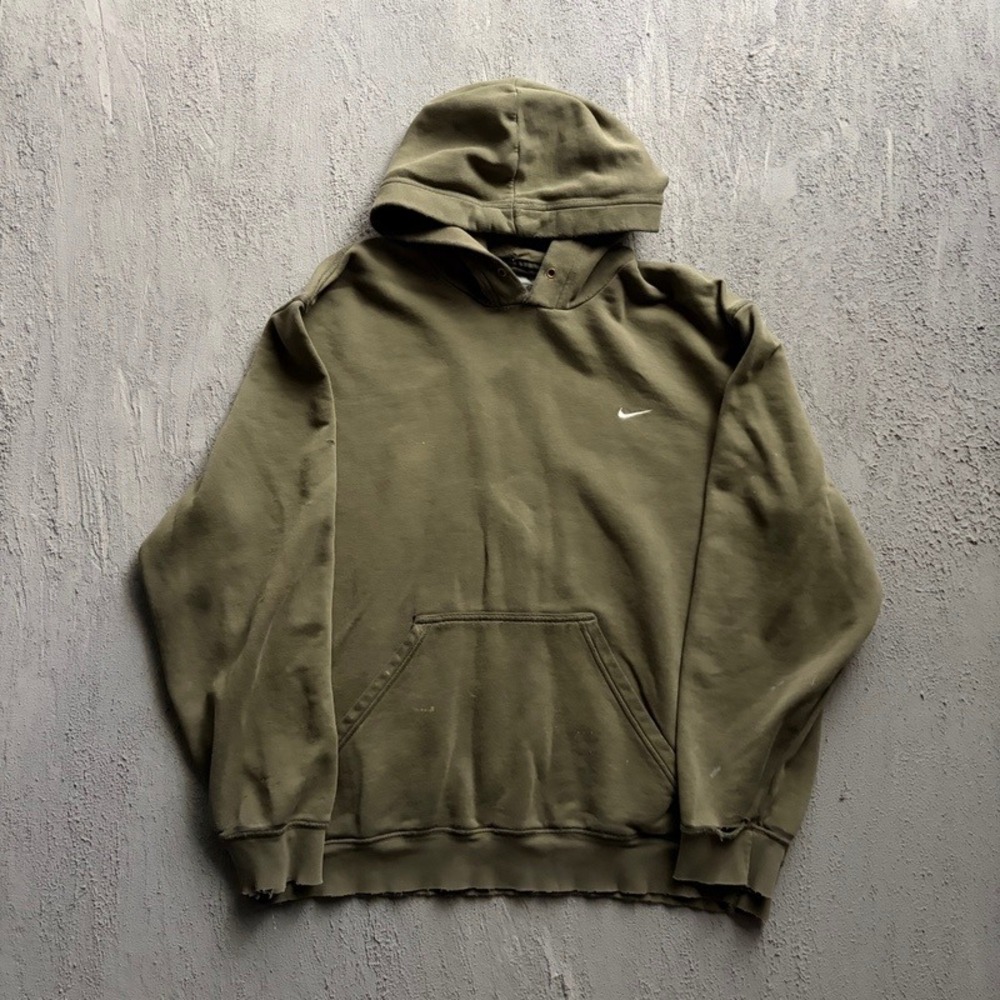 Vintage Nike Hoodie XL Olive Green 2000s Embroidered Swoosh Distressed Pullover